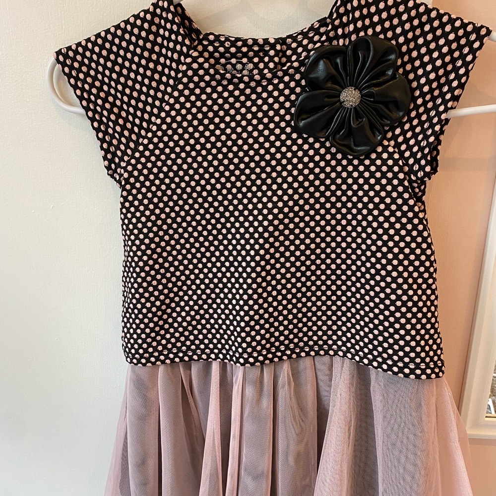 Black and Pink Little Girls Dress with Black Leather Flower